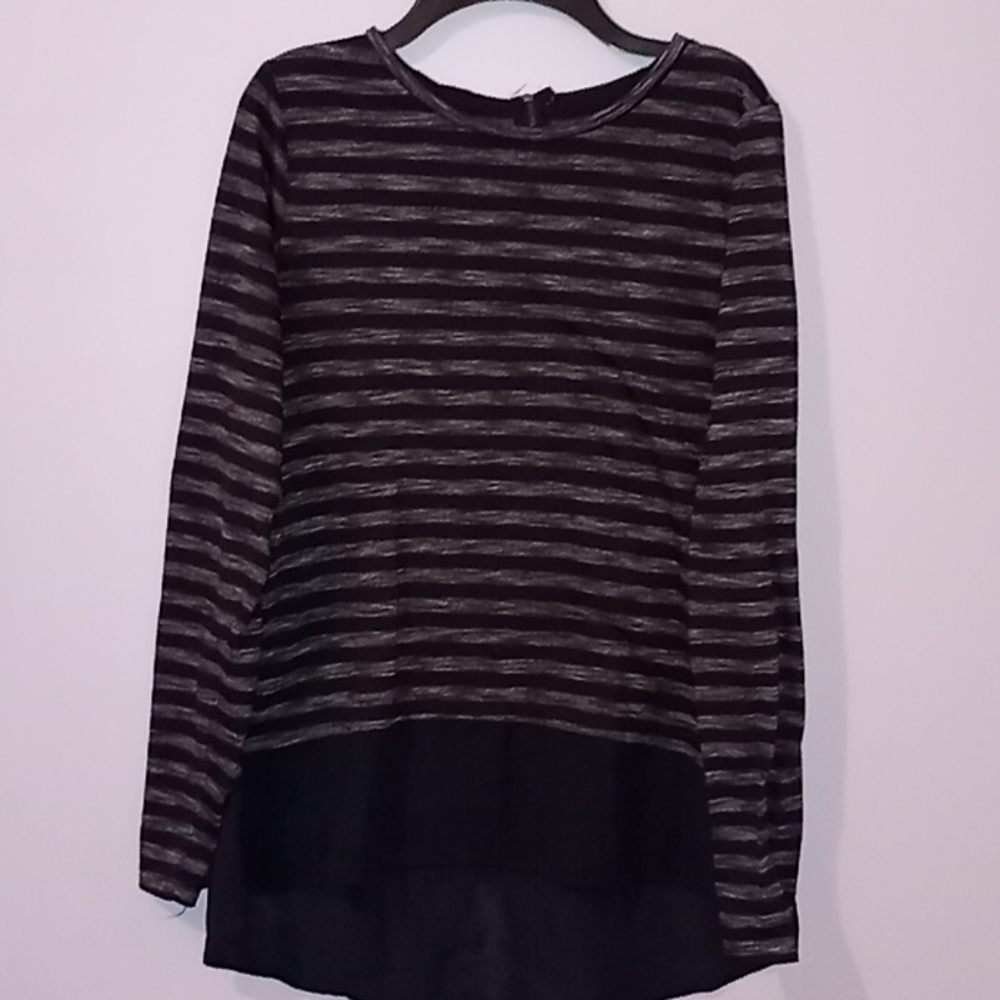 Navy blue and gray striped blouse.